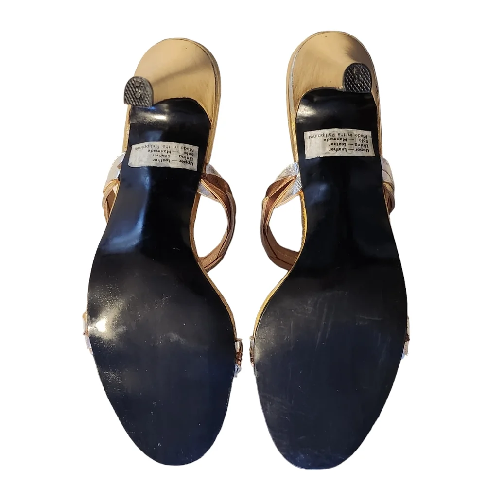 Vintage Shoe Biz Shoe Strings Gold Silver Bronze Slide Sandal Heels Size 8AA Box - Picture 15 of 15